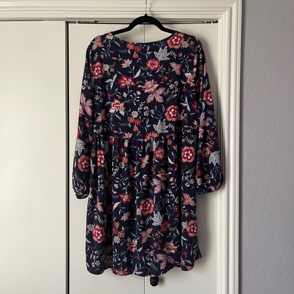 Old Navy Floral Print Long Sleeve Navy Blue Babydoll Dress - Size L - Picture 2 of 4